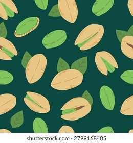 Seamless pistachio nuts and leaves pattern on dark green vector background.