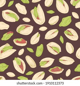 Seamless pistachio pattern with peeled nuts and unopened pistaches in nutshells on dark background. Endless repeatable design. Hand-drawn colored vector illustration for wrapping