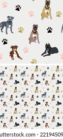 Seamless Pit Bull dog pattern, holiday texture. Square format, t-shirt, poster, packaging, textile, socks, textile, fabric, decoration, wrapping paper. Trendy hand-drawn Pit Bull dog wallpaper.