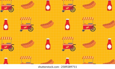 A seamless pixel art background featuring hot dog carts, ketchup bottles, and sausages on a yellow grid background. Perfect for food related designs, restaurant themes, or retro-style digital projects