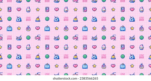 Patrón Pixel de fondo sin inconvenientes. Gatos, dulces y elementos para juegos. Diseño Retro 90, Motif Girlish rosado, vector de dibujos. Papel tapiz Y2K, decoración arcade de 8 bits para niños y expertos en informática.