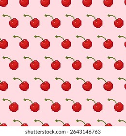 Seamless pixel art cherry pattern. Repeating red cherries with green stems on a soft pink background. Cute and simple summer fruity design for textile or packaging. Vector illustration.