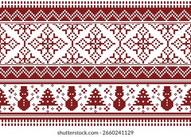 Seamless pixel art Christmas pattern with Christmas trees snowmen deer and stars