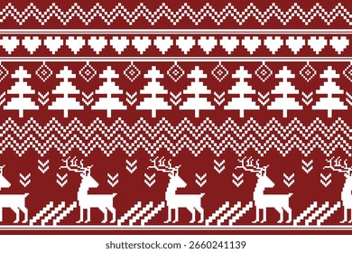 Seamless pixel art Christmas pattern with Christmas trees snowmen deer and stars