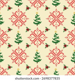 Seamless Pixel Art Christmas Pattern with Trees, Snowflakes, and Holly