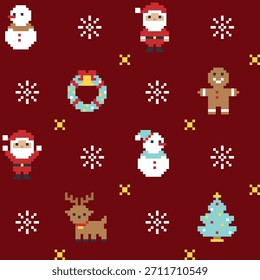 Nahtloses Pixel Art Weihnachtsmuster mit Weihnachtsmann Rentier Lebkuchen Schneemann und Schneeflocke Vektorgrafik