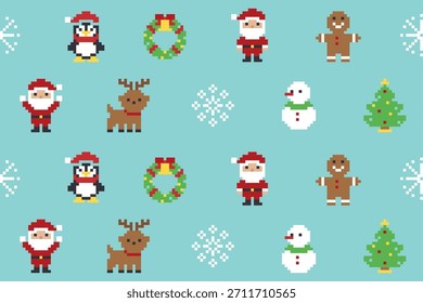 Patrón de Navidades de arte de píxeles sin costuras con corona de muñeco de nieve de renos de Santa y Ilustración vectorial de copo de nieve
