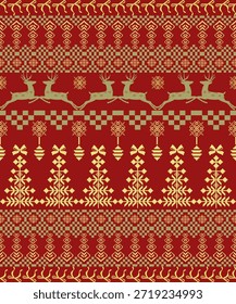Seamless pixel art Christmas pattern in red and gold color palette inspired by traditional Nordic and knitted sweater designs. Featuring reindeer, snowflakes, bows, ornaments, and geometric holiday motifs in retro 8-bit style. Perfect for Christmas backgrounds, wrapping paper, textile prints, winter fashion, festive packaging, wallpapers, and holiday branding.