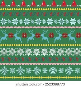 Seamless Pixel Art Christmas-Themed Sweater Pattern Design Featuring Rows of Reindeer, Snowflakes, Stars, Holly Berries, and Santa Hats on a Green Background, with Red, Blue, White, Yellow, and Pink