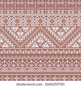 Seamless pixel art design inspired by tribal Thai textiles, with geometric motifs in warm earthy tones. Perfect for digital prints, fabrics, or backgrounds.