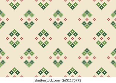 Modelo inconsútil del bordado del arte del pixel con los motivos verdes y rojos en un fondo crema. Inspirado en los textiles tradicionales populares, ideal para la tela, la artesanía y el diseño digital.