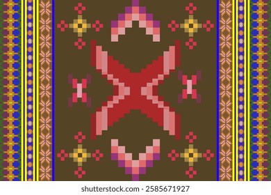 Seamless pixel art fabric pattern with an abstract ethnic design. Featuring floral and square cross-stitch motifs in Aztec style, perfect for texture, fabric, clothing, and printing.