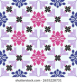 Patrón floral del arte del píxel inconsútil con motivos rosados, púrpuras, azules y negros de la puntada de la cruz en el fondo ligero – diseño étnico decorativo de la materia textil para la tela, las artesanías, y los proyectos digitales