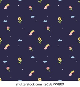 Seamless Pixel Art Floral Pattern on Black