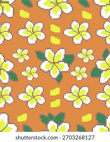 Patrón floral del arte del pixel inconsútil que presenta flores blancas y amarillas del frangipani con las hojas verdes dispuestas en un fondo anaranjado. El diseño incluye Pequeños Elementos decorativos y púrpura adicional 