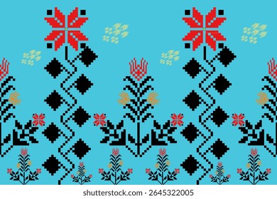 Padrão têxtil floral de arte de pixel sem costura com motivos geométricos em ciano, inspirado na tecelagem tradicional tailandesa. Perfeito para mercados globais de tecido, moda e decoração de casa.