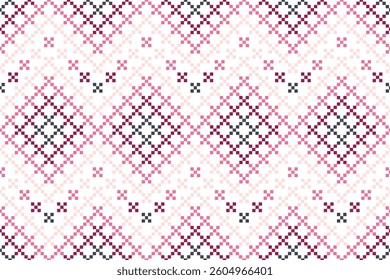 Seamless pixel art geometric pattern in pink, white, and black. Inspired by traditional embroidery, perfect for textiles, wallpapers, backgrounds, and ethnic designs. A modern take on folk art.