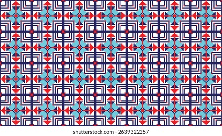 Seamless pixel art geometric pattern in red, blue, and white. Ideal for backgrounds, textiles, and digital designs