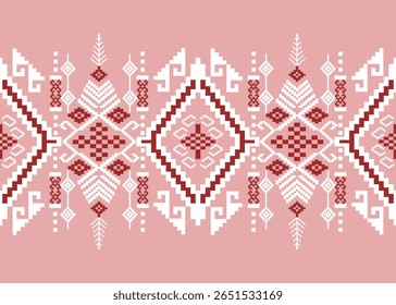 Seamless pixel art geometric pattern with diamond and tribal motifs in pink, red, and white. Inspired by traditional Thai cross-stitch textiles. Ideal for fabric prints,digital backgrounds,home decor
