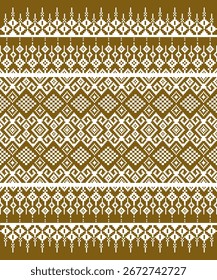 Padrão geométrico de arte de pixel sem costura em branco sobre fundo marrom, inspirado no design têxtil tradicional tailandês. Adequado para tecido, papel de parede e fundos digitais.