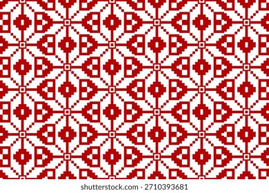Seamless Pixel Art Geometric Pattern. Repeating Red and White Abstract Mosaic Background. Retro Digital Texture.