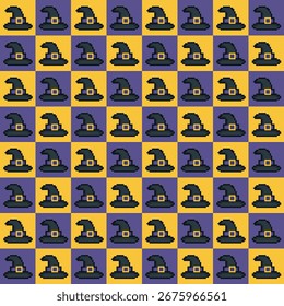 Nahtloses Pixel-Art Halloween-Muster mit Hexenhüten