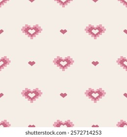 Seamless Pixel Art Heart Pattern in Pink Tones - Romantic and Minimalist Design