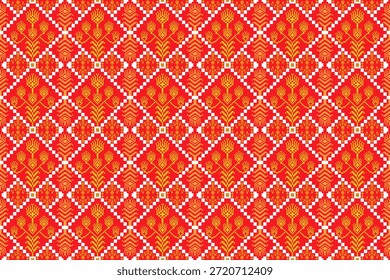 Padrão de ikat de arte de pixel sem costura com motivos tribais florais e simetria geométrica. Estilo têxtil étnico vermelho e amarelo, ideal para impressão de tecido, design de moda, papel de parede, decoração doméstica e uso digital