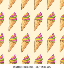 Seamless pixel art pattern of colorful swirl ice cream cones on a soft beige background. Cute and playful dessert design in vector style for summer and sweets-themed projects.