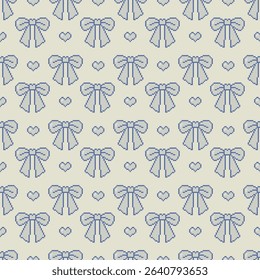 Seamless pixel art pattern with cute blue bows and hearts. Retro 8-bit style. Perfect for fabric, wrapping paper, wallpapers, or digital design projects.