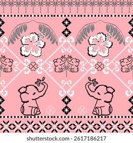A seamless pixel art pattern featuring cute elephants, hibiscus flowers, and tribal elements in pink tones. Ideal for textiles, kids' products, and folk-inspired digital designs.