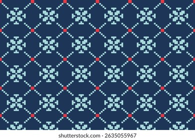 Seamless pixel art pattern featuring icy blue snowflakes on a navy grid with red nodes. Retro, festive, and perfect for winter or digital designs.