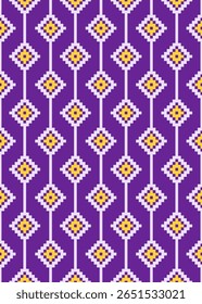 Seamless pixel art pattern featuring geometric diamond shapes in purple, white, and yellow. Inspired by ethnic textile and cross-stitch designs. Perfect for fabric prints, digital backgrounds, 
