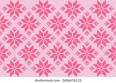Seamless pixel art pattern with geometric floral motifs in shades of pink. Inspired by traditional embroidery, perfect for textile design, fashion prints, and decorative backgrounds.