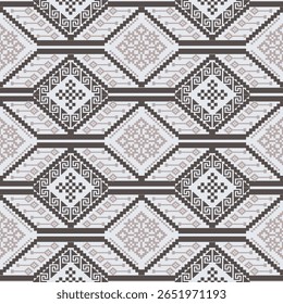 Seamless pixel art pattern with geometric diamond and tribal motifs in white, taupe, and brown. Inspired by ethnic cross-stitch textiles.  fabric prints, fashion, home decor, and digital backgrounds.
