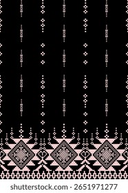 Seamless pixel art pattern with geometric floral diamonds in black and light pink. Inspired by ethnic cross-stitch textiles. Perfect for fabric prints, fashion, home decor, and digital projects.

