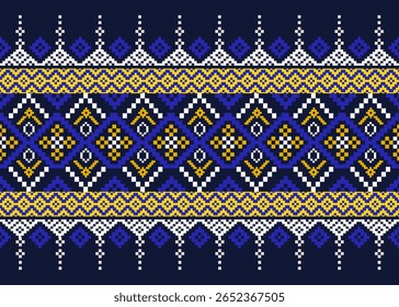 Seamless pixel art pattern with geometric tribal diamonds in navy blue, yellow, and white. Inspired by ethnic woven textiles. Perfect for fabric prints, fashion, home decor, and digital backgrounds.
