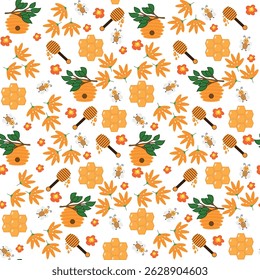 Seamless Pixel Art Pattern with Honeycomb and Bee