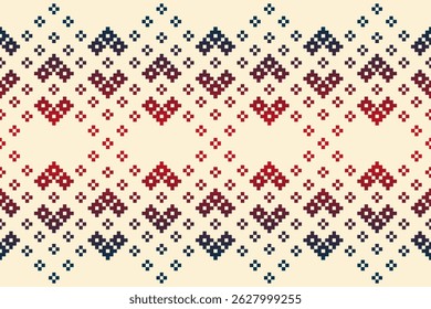 Seamless pixel art pattern inspired by traditional ethnic textiles, featuring geometric and symmetrical motifs. Ideal for fabric prints, fashion, digital backgrounds, and decorative projects.