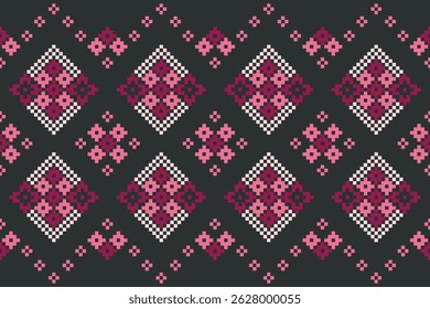 Seamless pixel art pattern inspired by traditional ethnic textiles, featuring geometric and symmetrical motifs. Ideal for fabric prints, fashion, digital backgrounds, and decorative projects.