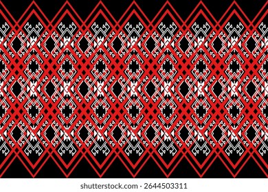 A seamless pixel art pattern inspired by traditional Phrae silk weaving from Thailand. Featuring bold red diamond shapes, intricate white geometric lines, and black tribal accents, this design reflect
