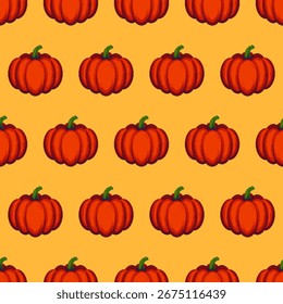 Nahtloses Pixel-Kunstmuster von Kürbissen auf orangefarbenem Hintergrund für saisonale Dekoration. Vektorgrafik.