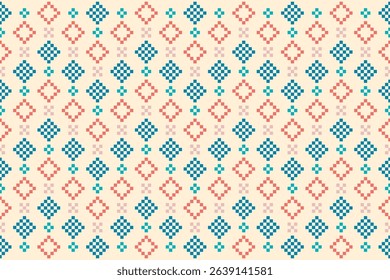 Seamless pixel art pattern with red and blue diamond shapes on a cream background. Inspired by traditional embroidery and folk textile designs. Perfect for digital or fabric use.