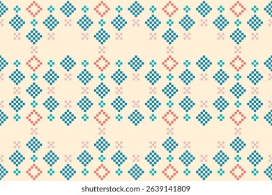 Seamless pixel art pattern with red and blue diamond shapes on a cream background. Inspired by traditional embroidery and folk textile designs. Perfect for digital or fabric use.