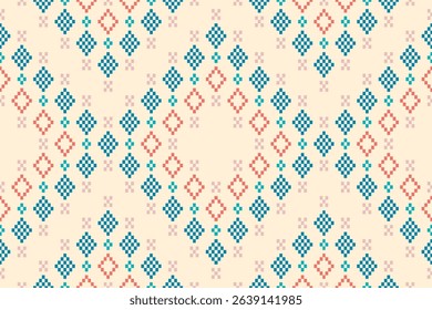 Seamless pixel art pattern with red and blue diamond shapes on a cream background. Inspired by traditional embroidery and folk textile designs. Perfect for digital or fabric use.