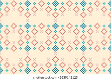 Seamless pixel art pattern with red and blue diamond shapes on a cream background. Inspired by traditional embroidery and folk textile designs. Perfect for digital or fabric use.