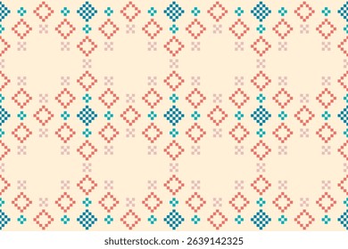 Seamless pixel art pattern with red and blue diamond shapes on a cream background. Inspired by traditional embroidery and folk textile designs. Perfect for digital or fabric use.