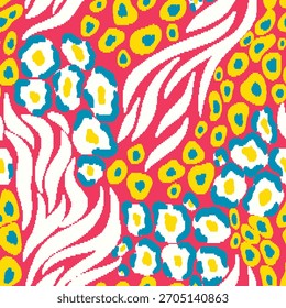 Padrão de arte de pixel sem emenda no motivo safári. Impressão animal, textura vibrante de uma mistura de zebra, leopardo. Design artístico colorido de padrão listrado, manchado em estilo dos anos 90, 2000. Ilustração vetorial.