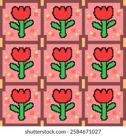 Seamless pixel art pattern showcasing red tulip flowers over a pink textured background. Ideal for video game design, decorative elements, or crafting. Evokes a retro aesthetic with vibrant colors.