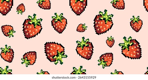 Padrão de arte de pixel sem costura de morangos com folhas verdes em um fundo macio em um estilo retro de 8 bits, ideal para papéis de parede, fundos de aplicativo móvel, produtos para crianças, impressões têxteis, embalagem. Vetor